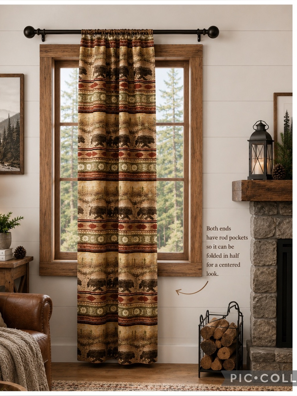 Wooded River Bear Valley Tapestry Curtain Panel 48x84 Rustic Cabin Lodge